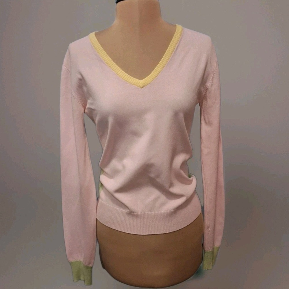 Gaudi Pink Pastel Colorblock Fitted V Neck Sweater Soft Girl‎ Feminine Dainty